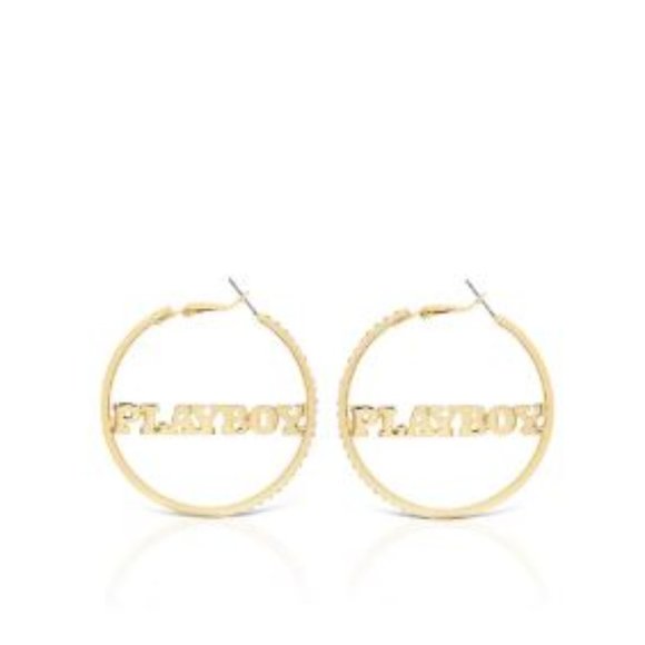 Playboy Gold CZ Nameplate Hoop Earrings - Picture 1 of 3